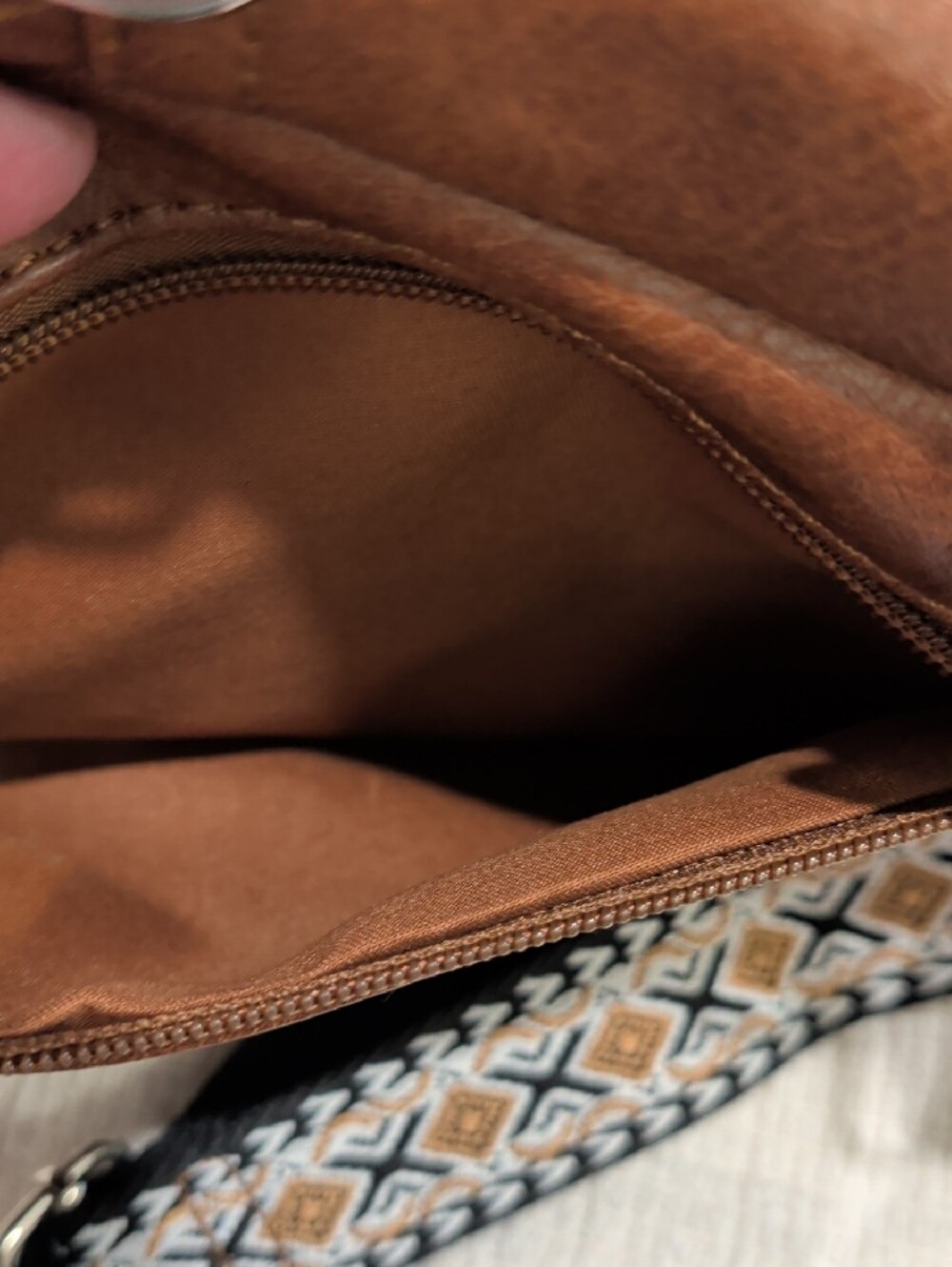 Brown Faux Leather Crossbody Bag with Patterned Adjustable Strap - Picture 9 of 14